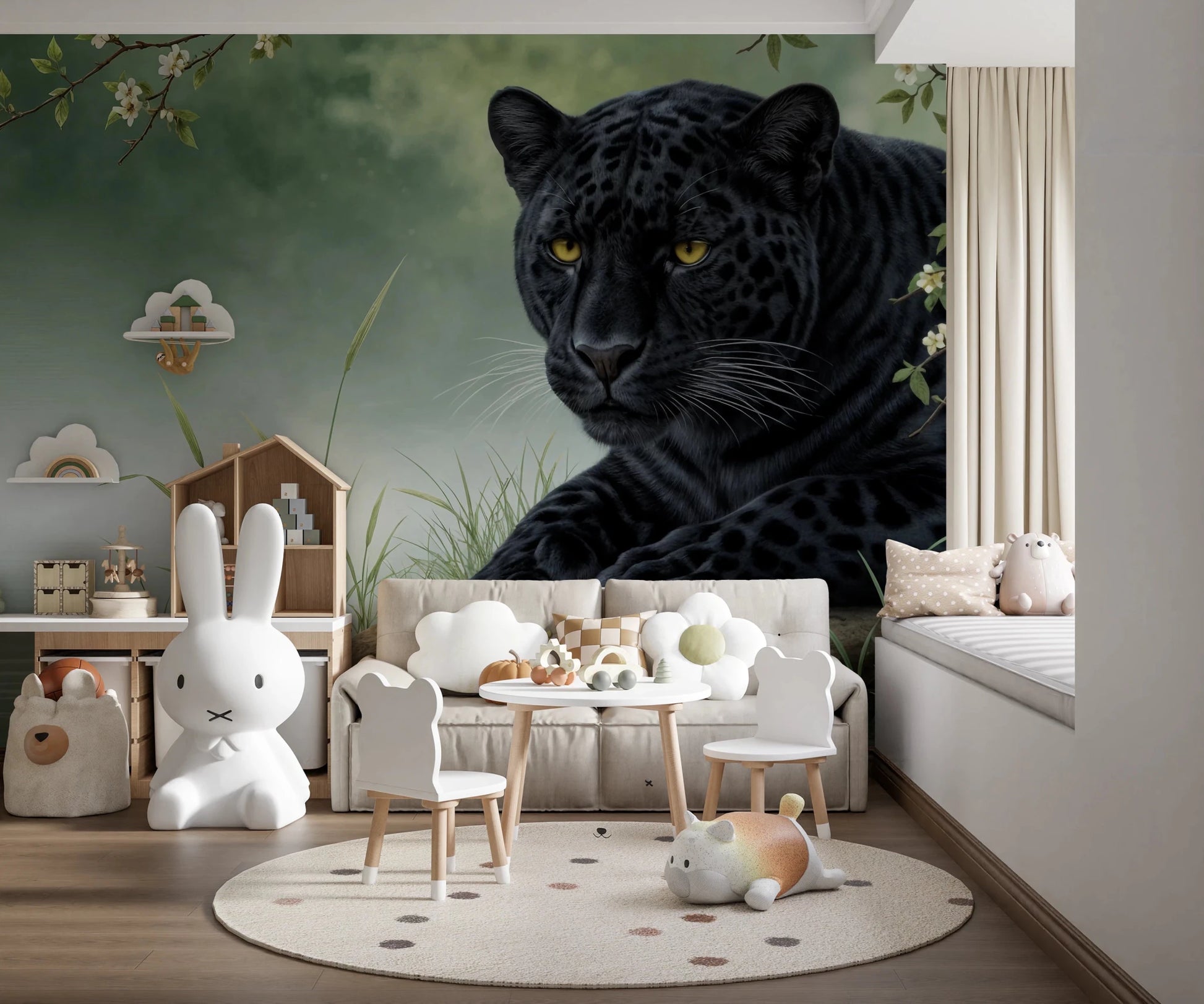 Nursery room with Black Panther Calm Wall Mural beside a crib and dresser