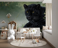 Nursery room with Black Panther Calm Wall Mural beside a crib and dresser