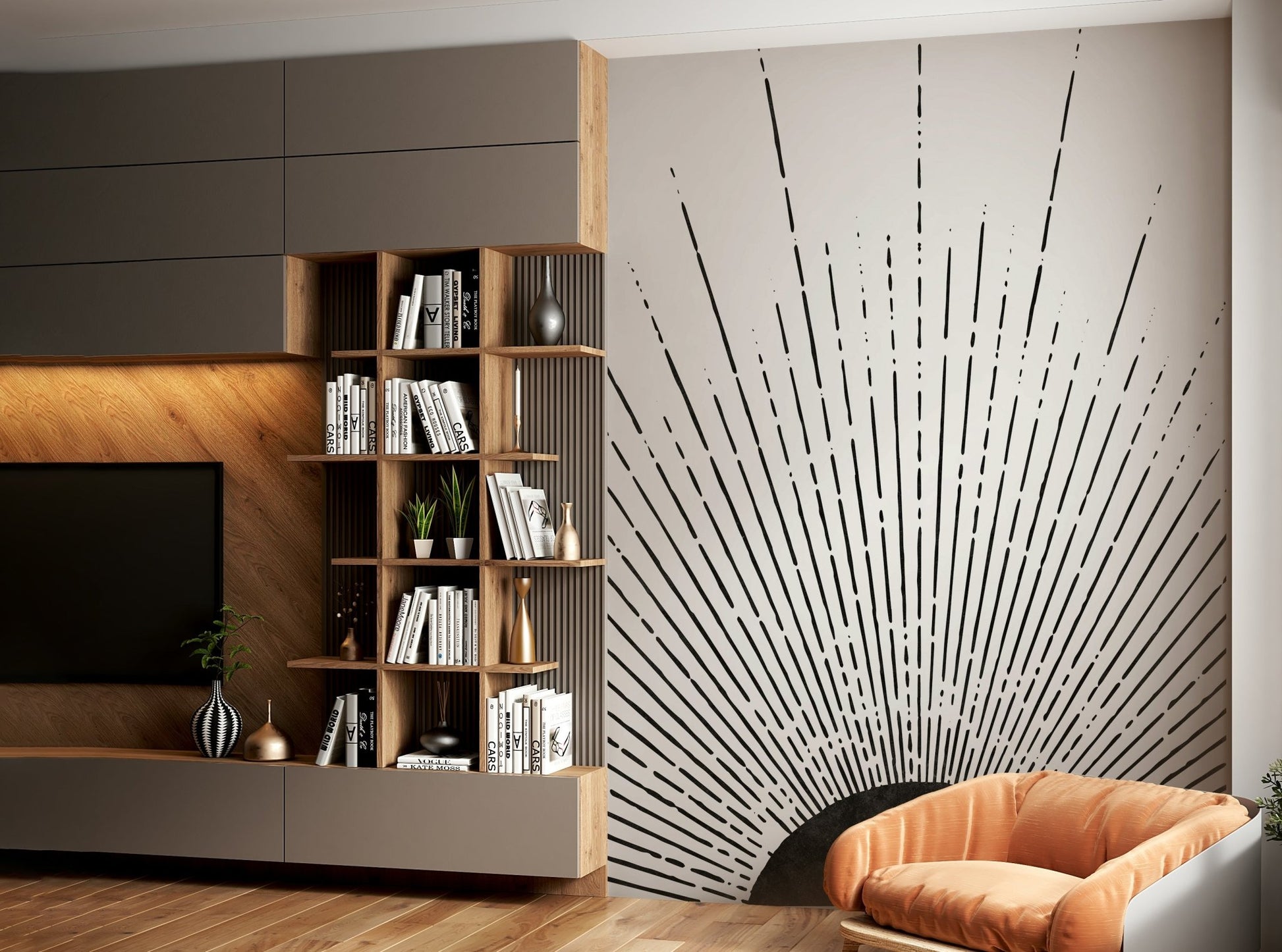 Sun rays in striking black wall mural for modern homes

