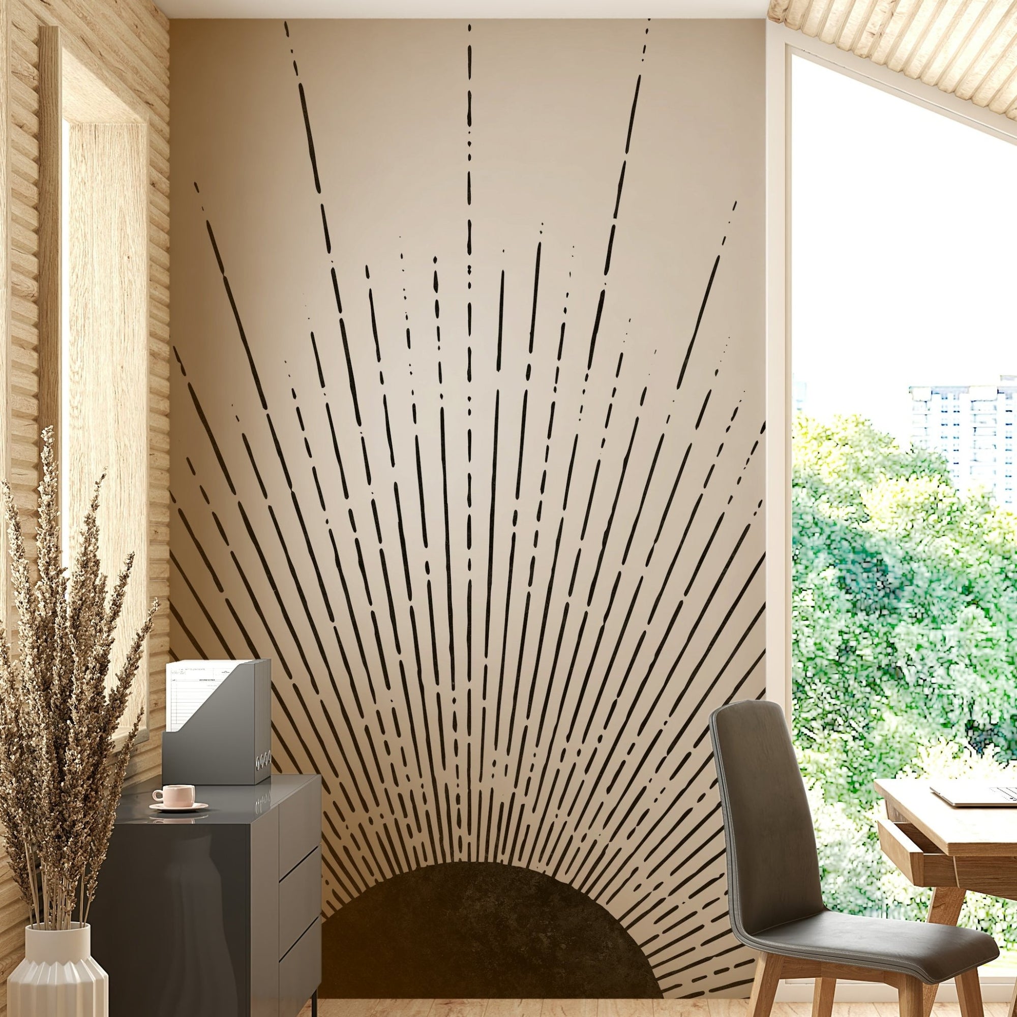 Black Sun Rays Wall Mural on dark background, GD1823