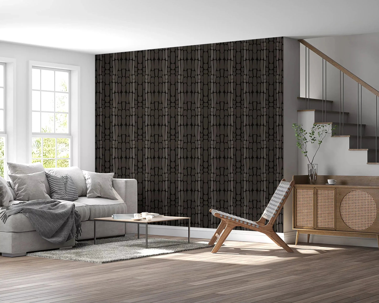Deep black ground frames pebble-like forms across the Textured Abstract wallpaperGD9556