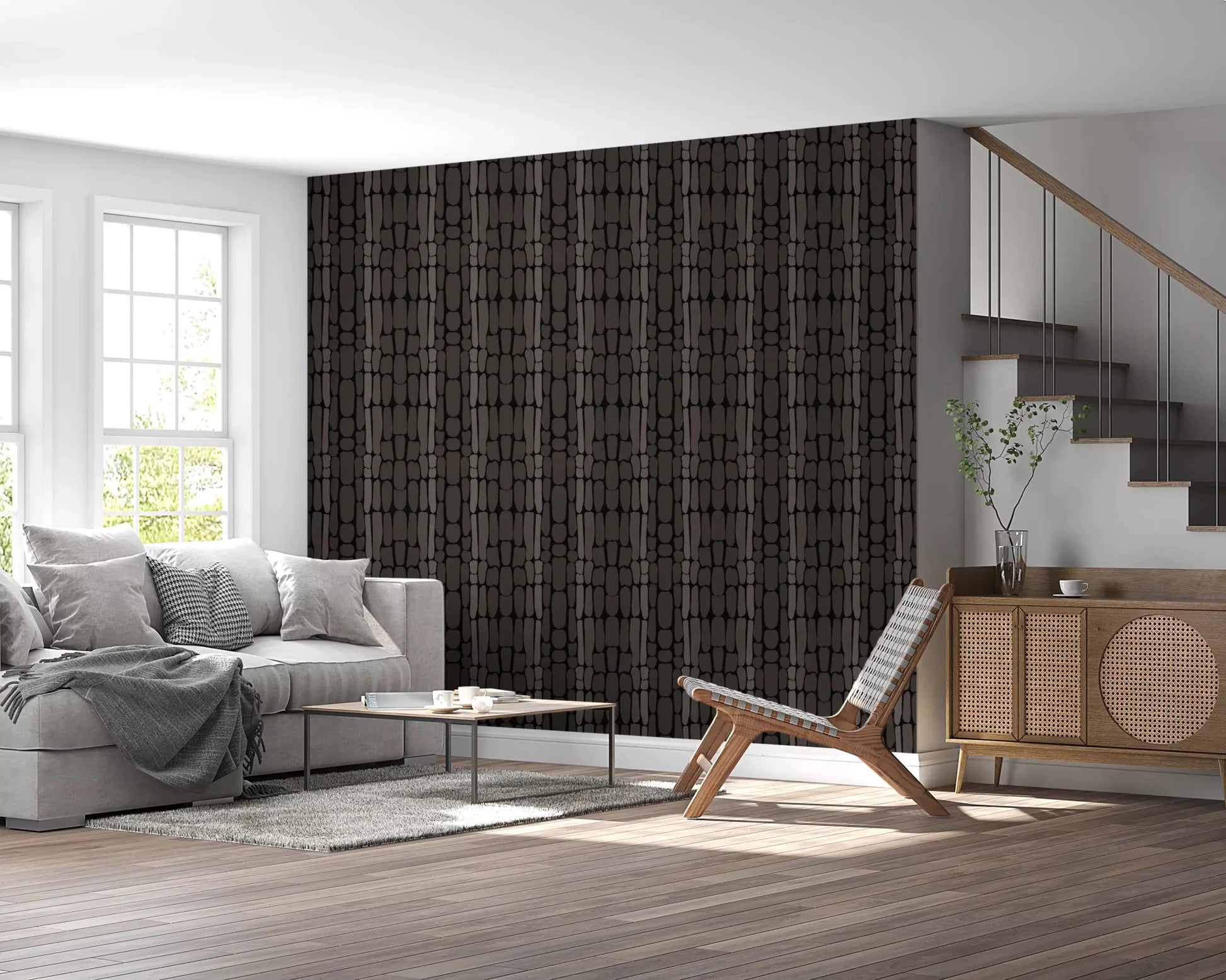 Deep black ground frames pebble-like forms across the Textured Abstract wallpaperGD9556