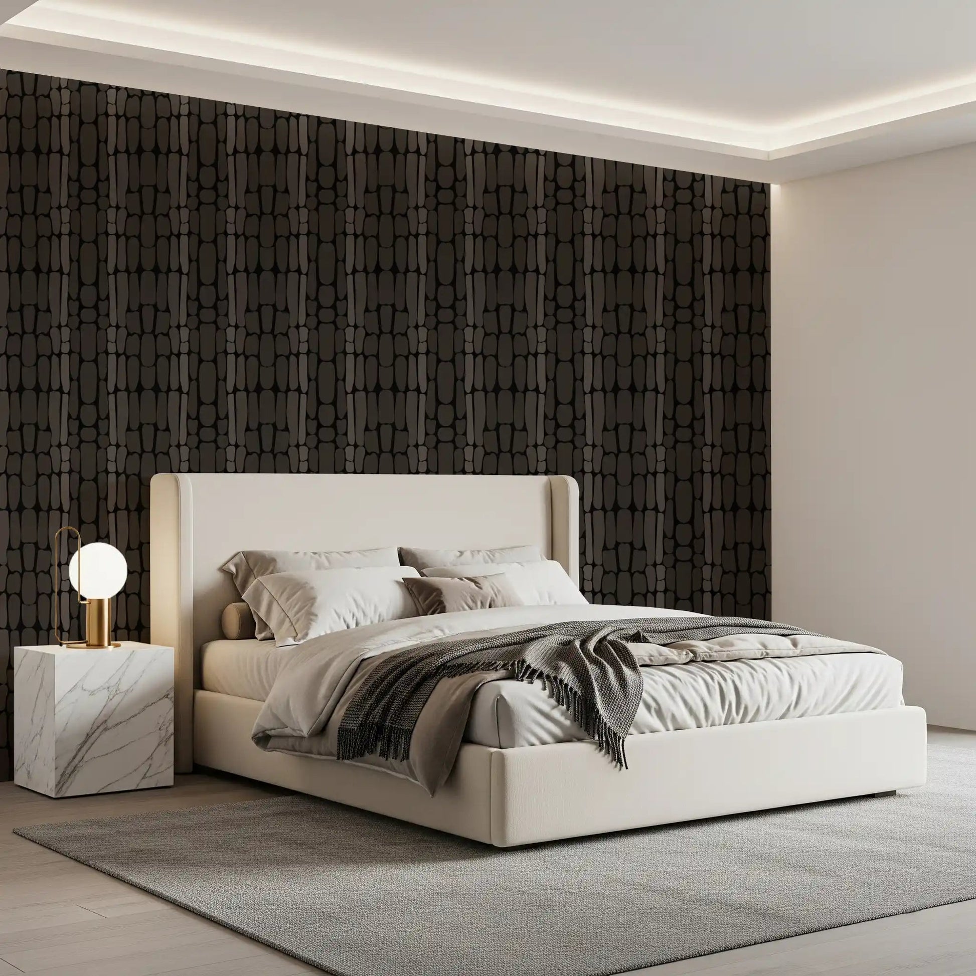 Bedroom takes a moody turn with this dark stone-shape wallpaperGD9556