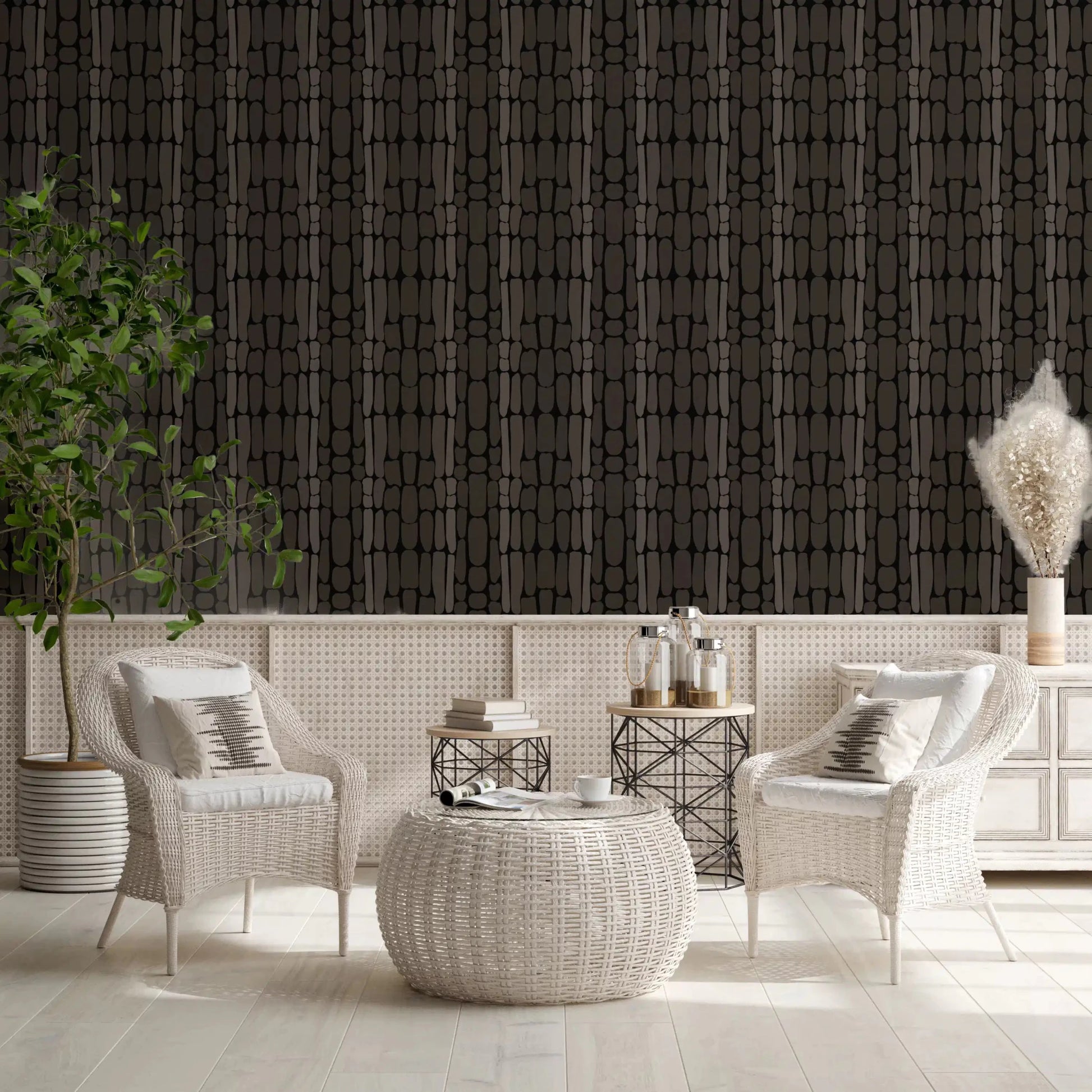 Living room reads earthy and modern next to this textured abstract wallpaper
GD9556