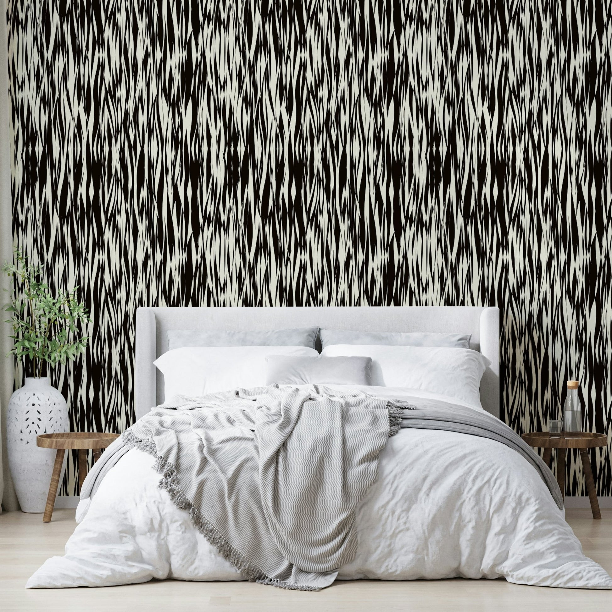 Dramatic black waves mural.
