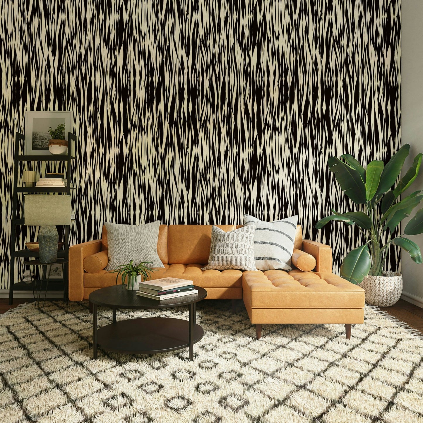 Black and white wave pattern wall decor.
