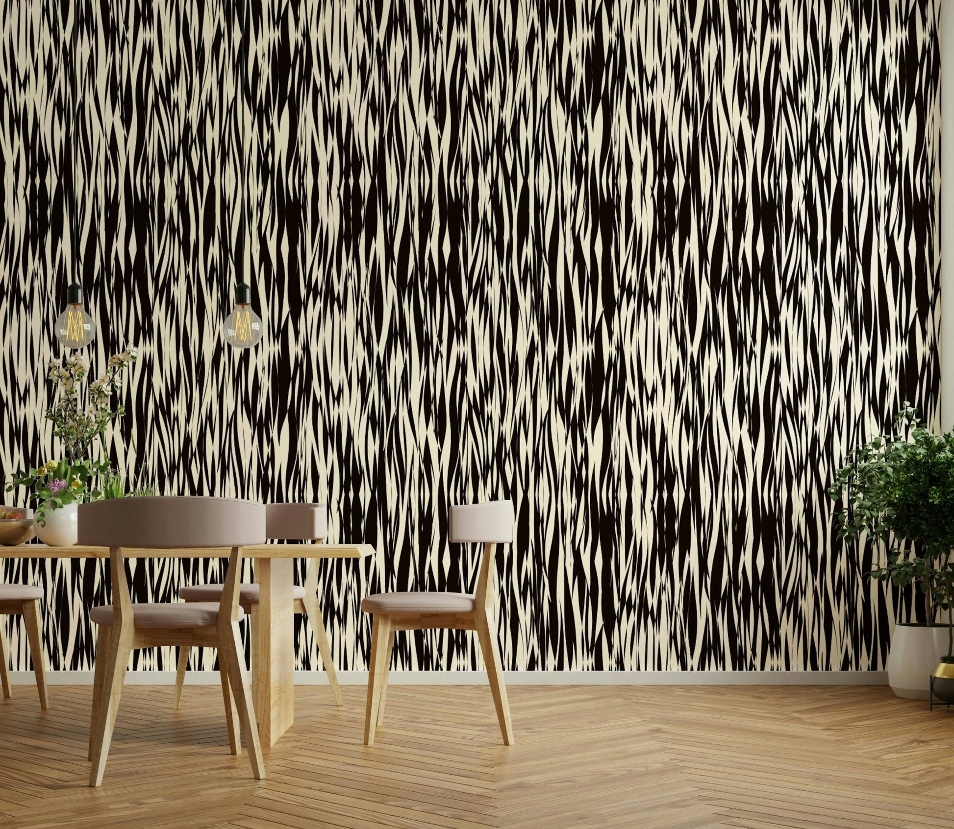 Black waves on a white background mural.
