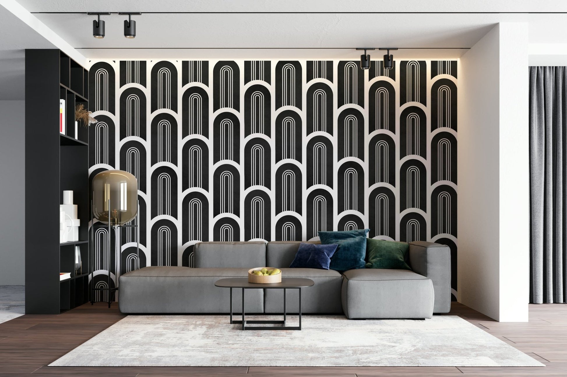 Geometric arch mural wallpaper in black and white, GD2628