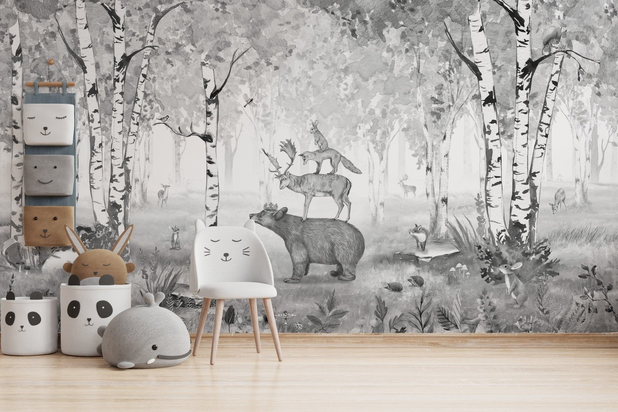 Monochrome forest mural with a bear and woodland animals KB06