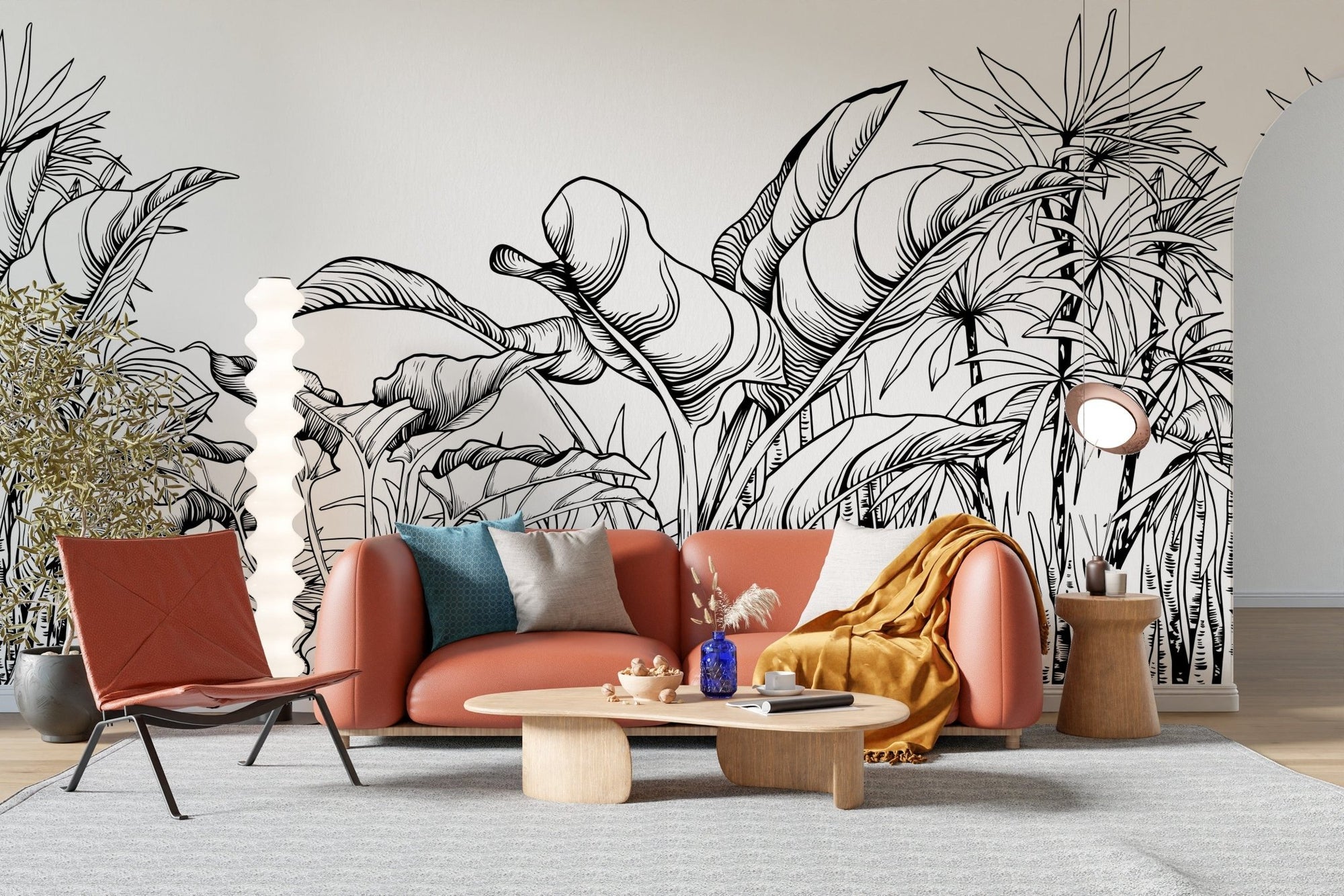 Bold tropical leaves mural in black and white A249

