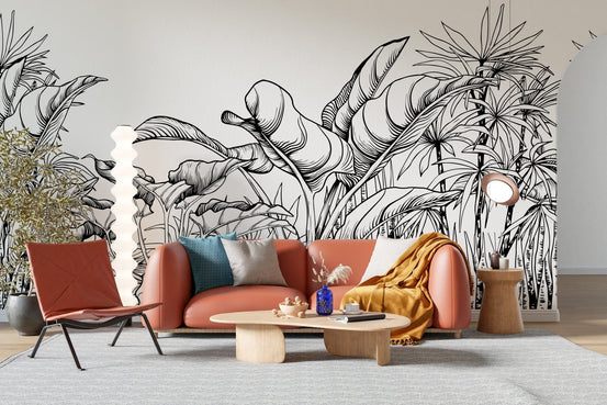 Bold tropical leaves mural in black and white A249
