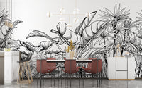 Black & White Big Tropical Leaves Wallpaper Mural - Giffywalls