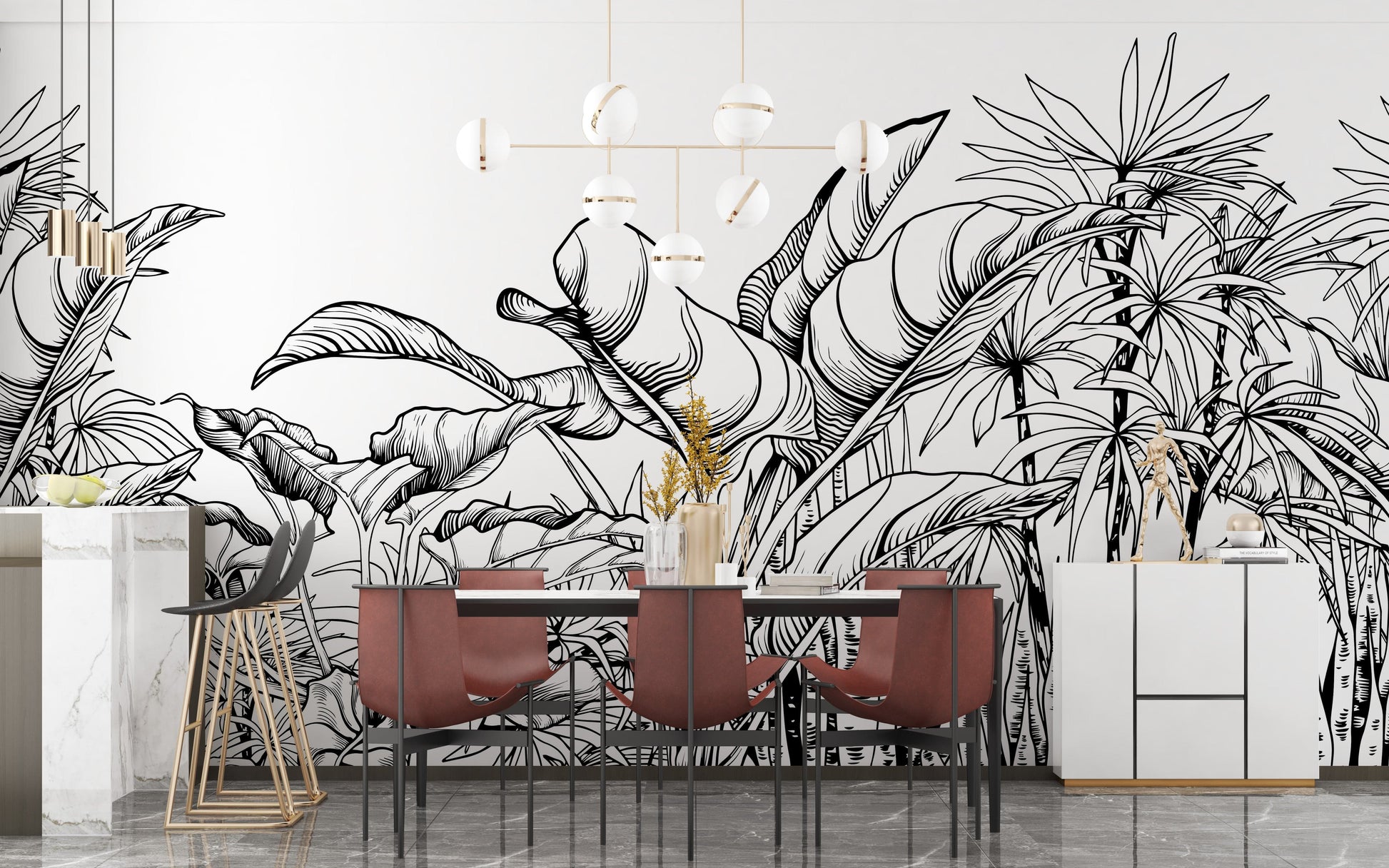 Black & White Big Tropical Leaves Wallpaper Mural - Giffywalls