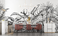 Black & White Big Tropical Leaves Wallpaper Mural - Giffywalls