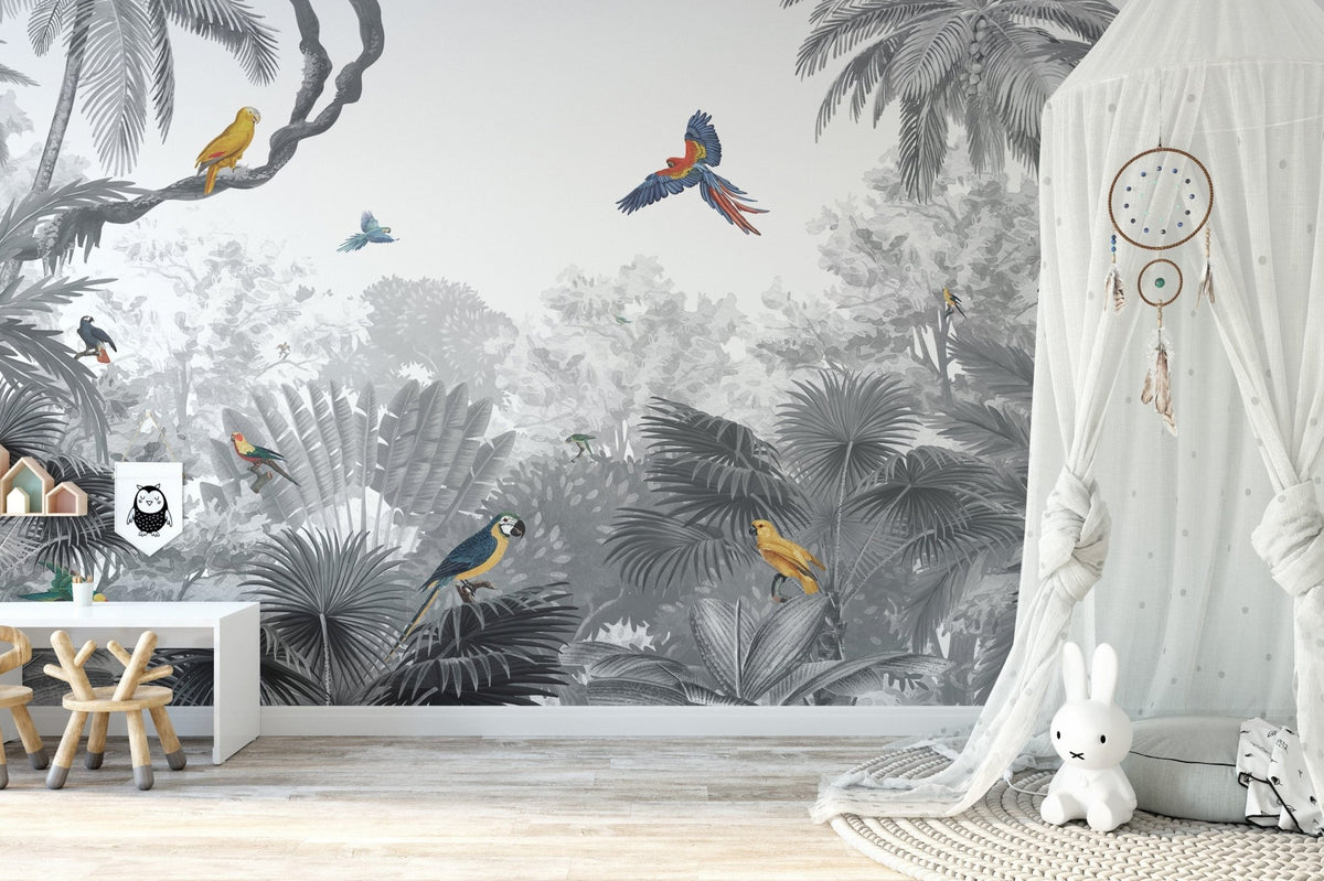 Monochrome tropical jungle wallpaper with vibrant birds KB13