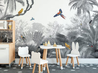 Jungle birds wallpaper with monochrome tropical foliage design