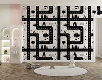 Creative city road map wallpaper in black tones.