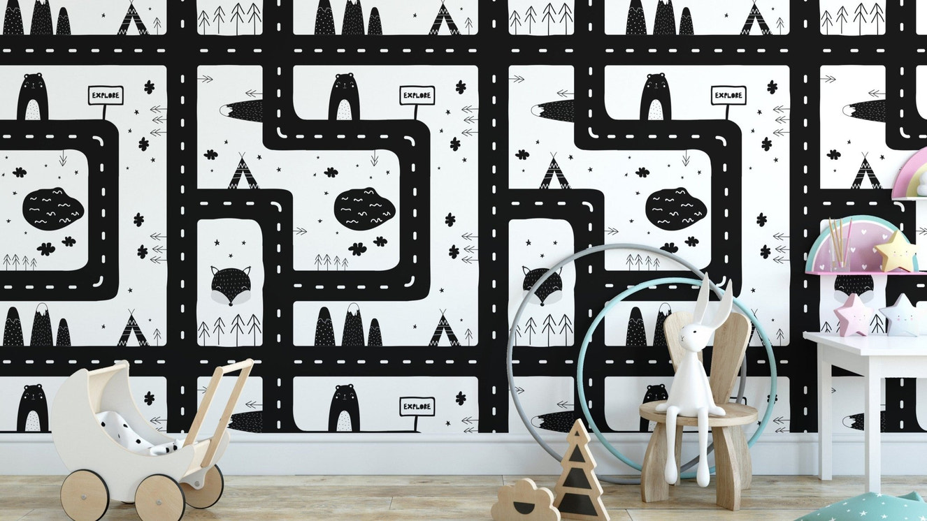 Playful city road wallpaper with patterns.