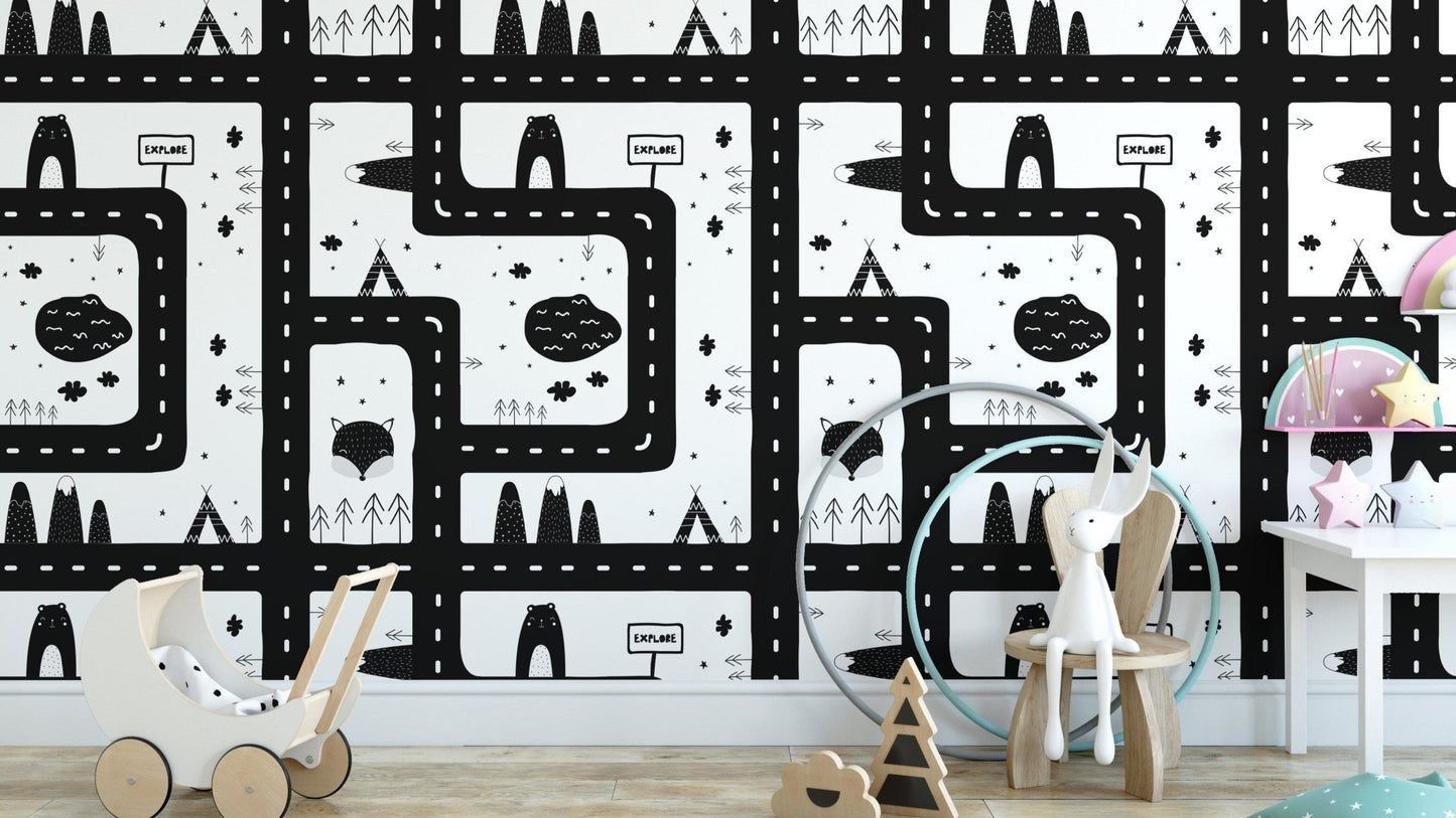 Playful city road wallpaper with patterns.