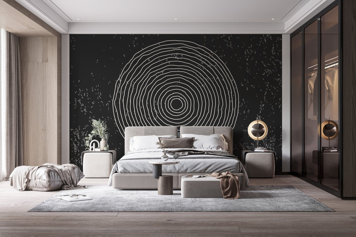 Modern black and white concentric circles mural design