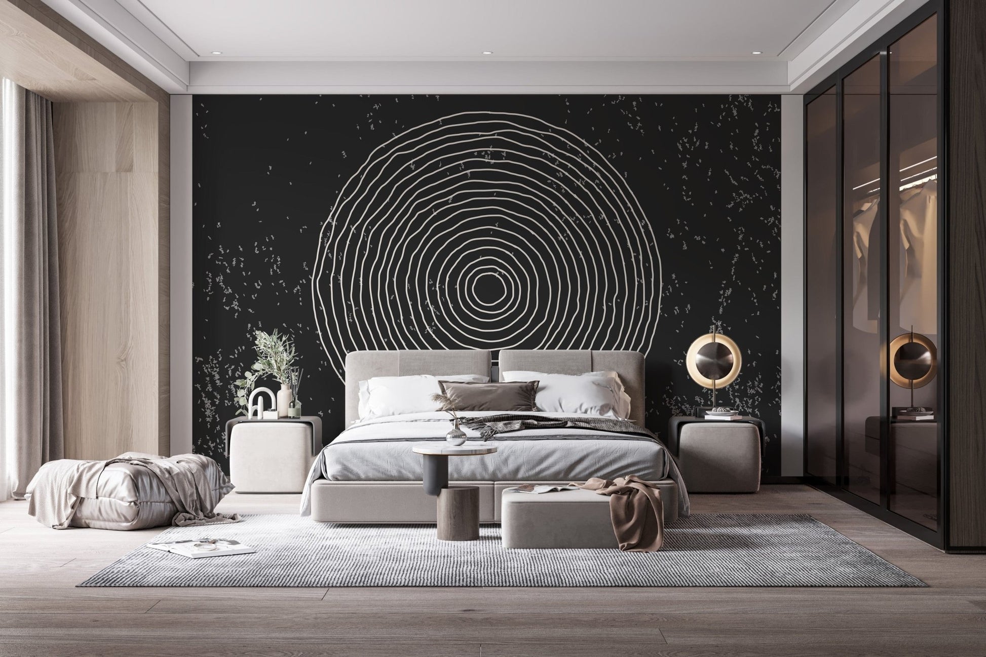 Modern black and white concentric circles mural design