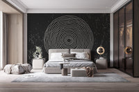 Modern black and white concentric circles mural design