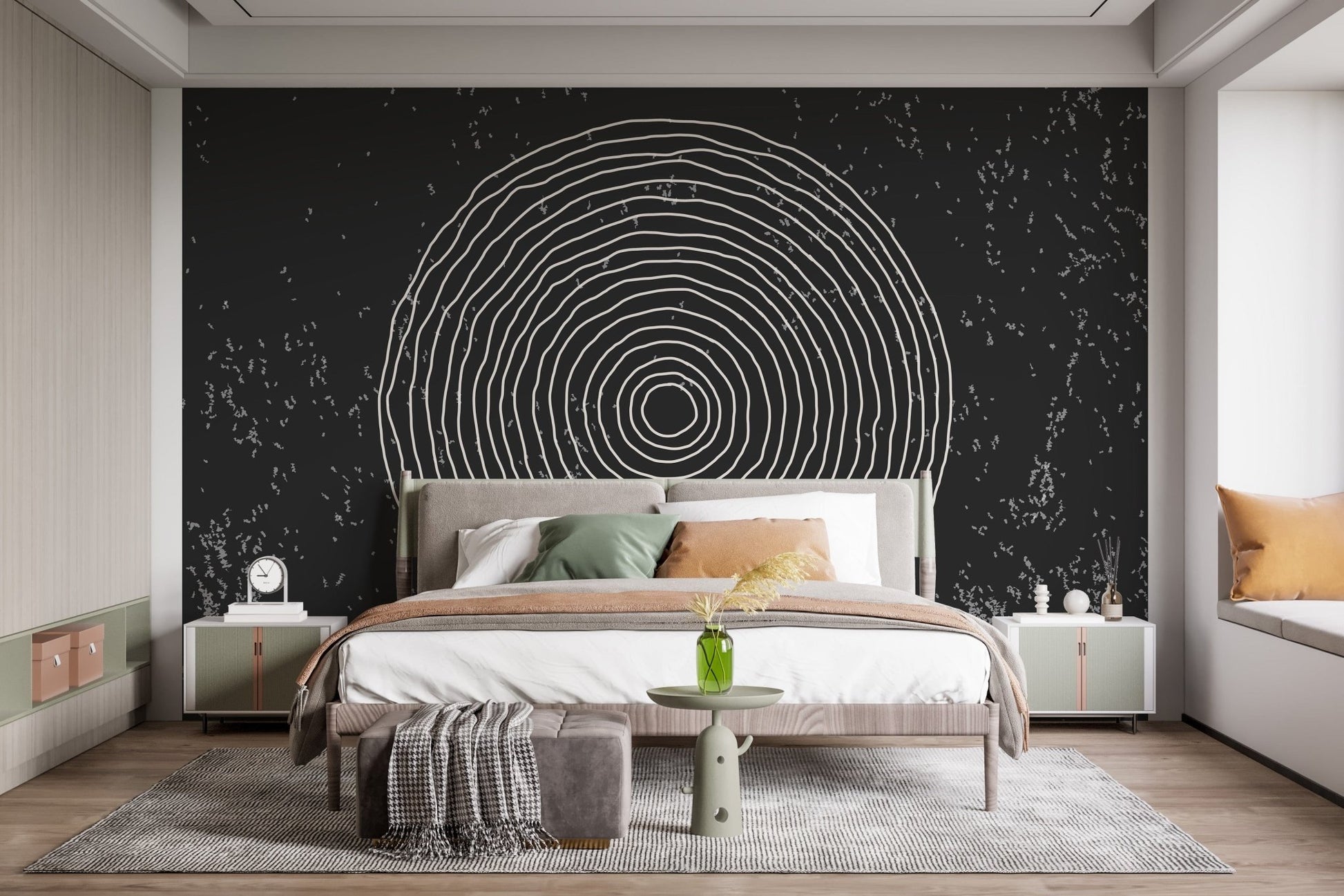 Black and white concentric circles wallpaper mural