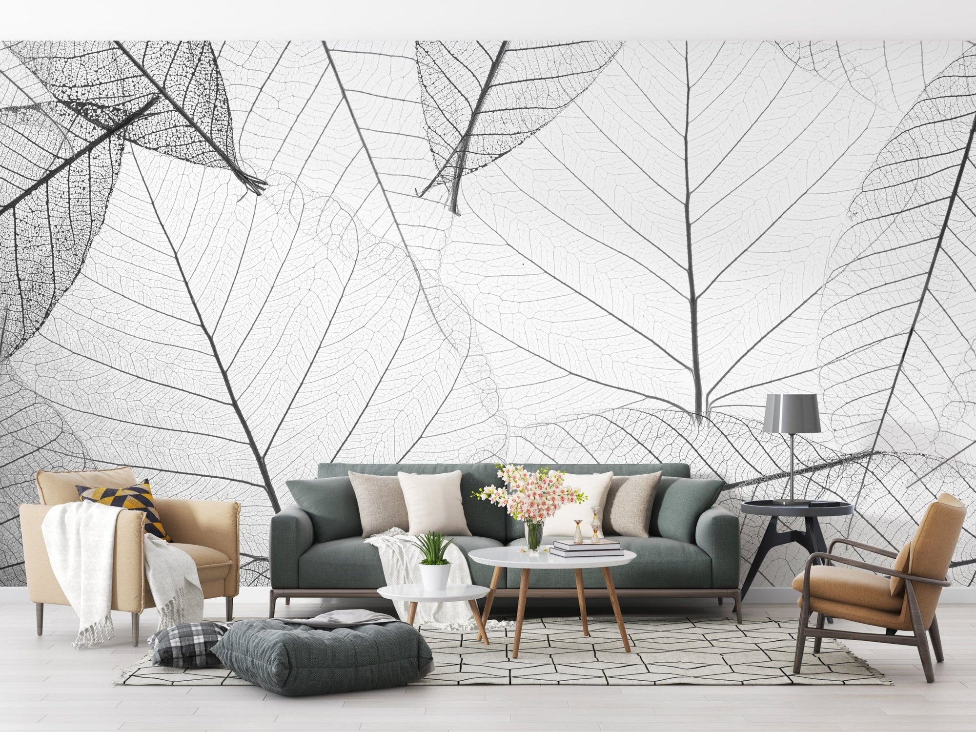 Bold black and white leaf veins mural
A145