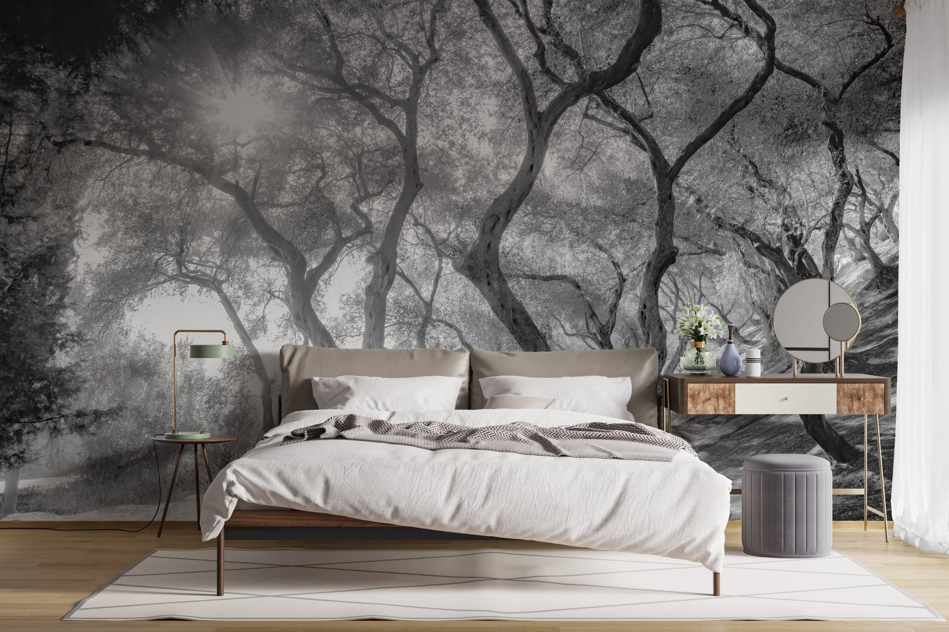 Natural olive grove wallpaper in monochrome tones A238