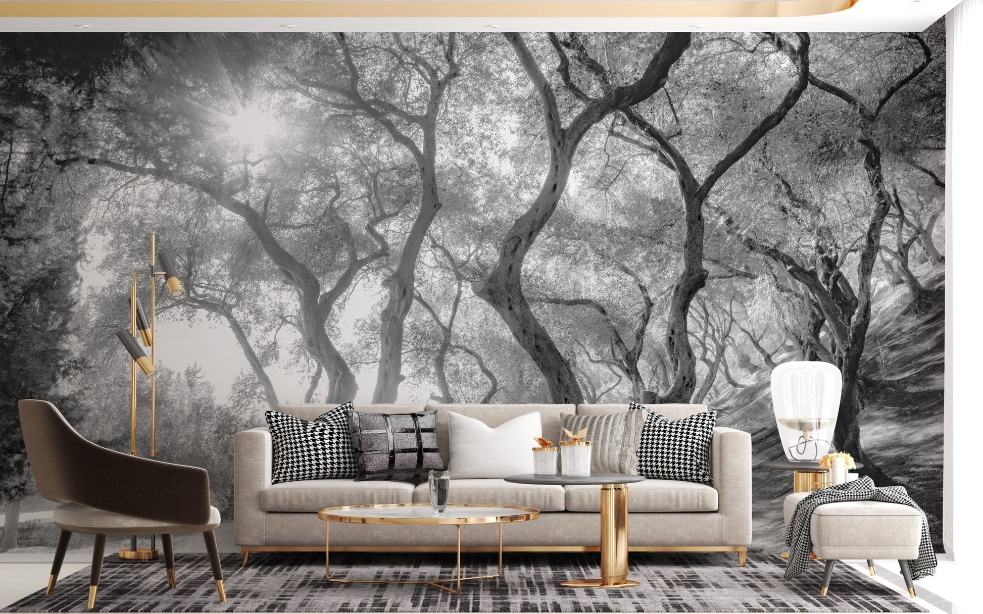 Elegant olive groves wallpaper in black and white A238