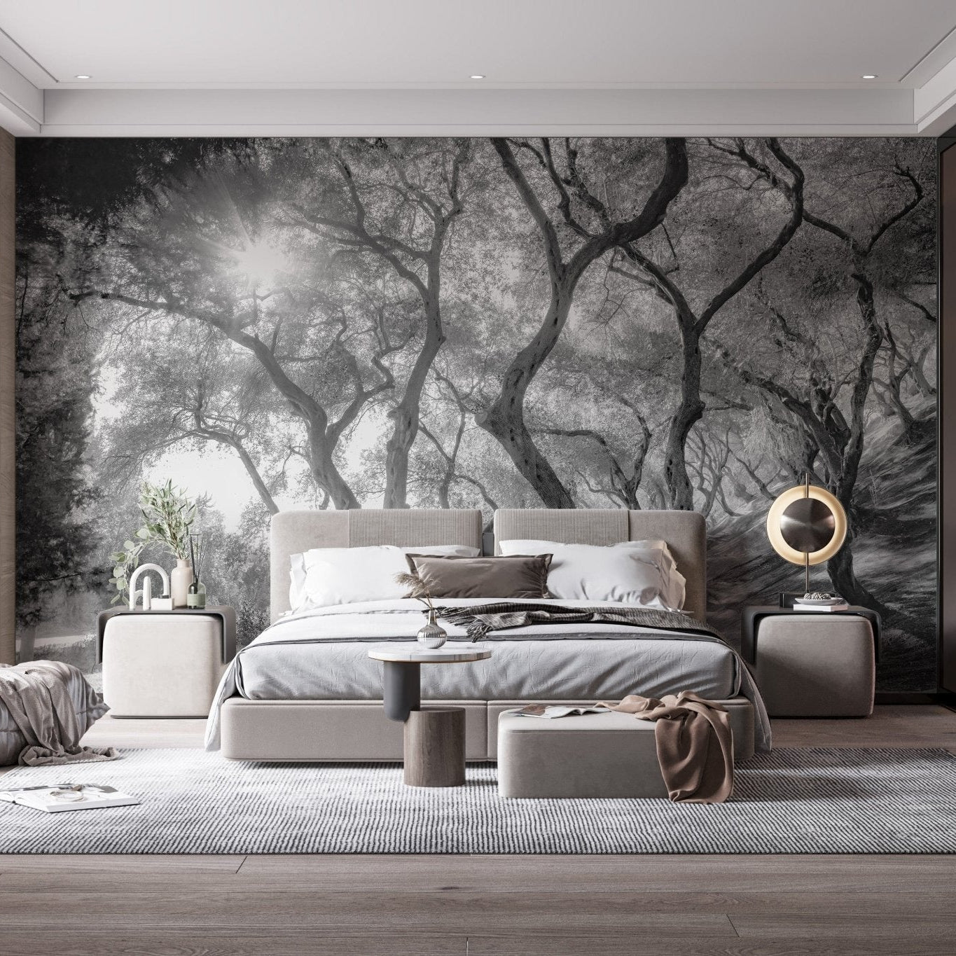 Black-and-white forest mural with olive trees A238