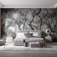 Black-and-white forest mural with olive trees A238
