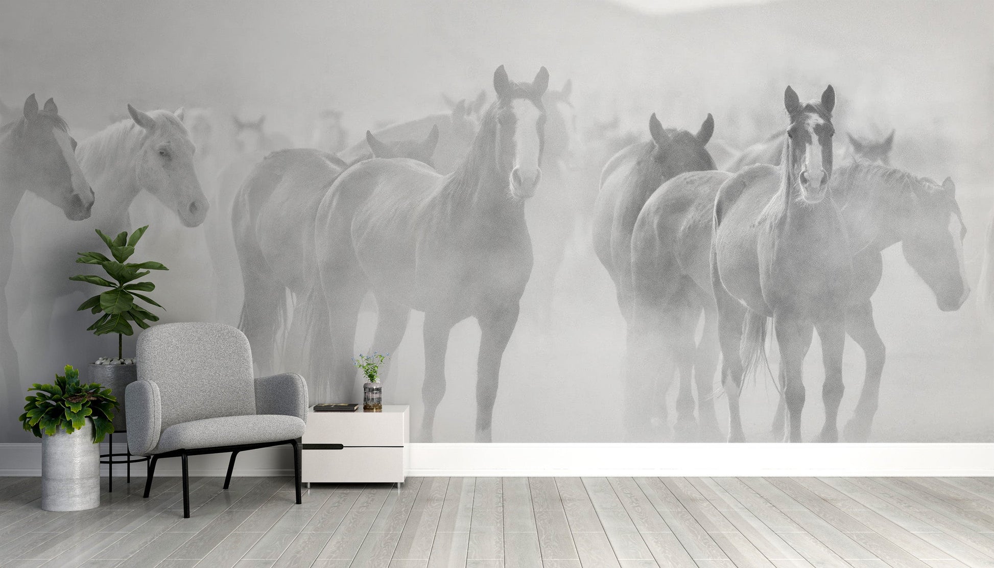 Seven majestic horses in black and white wallpaper
