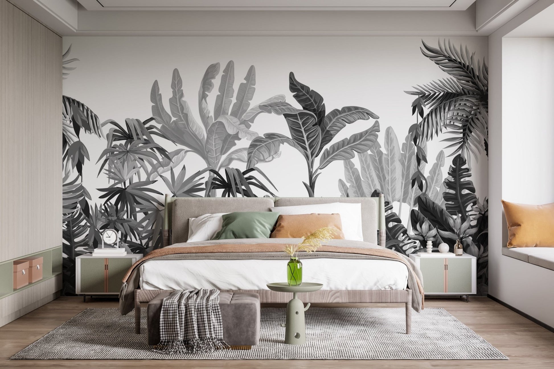 Black & White Tropical Banana Leaves Wallpaper Mural - Giffywalls A833, A660