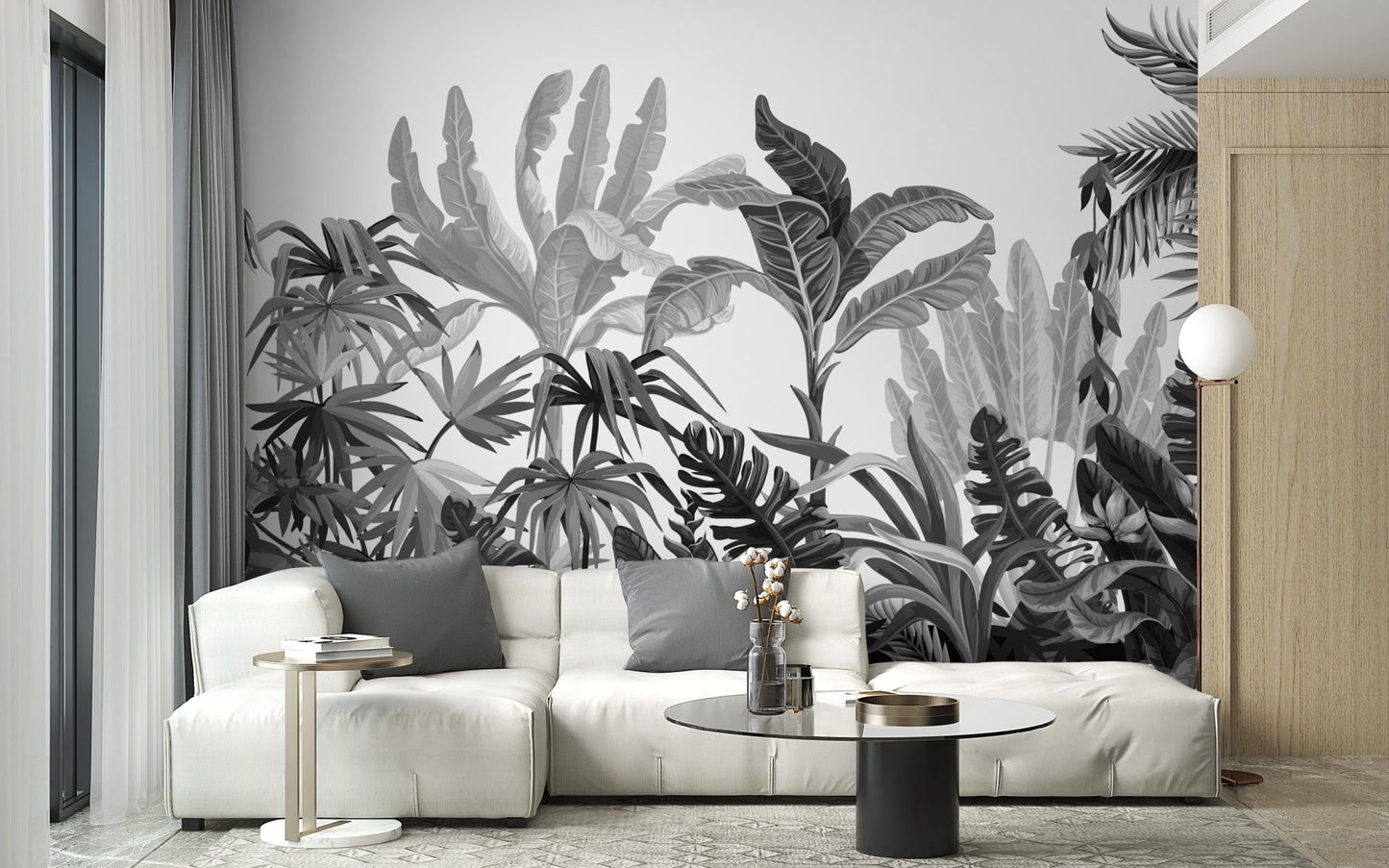 Black & White Tropical Banana Leaves Wallpaper Mural - Giffywalls A833, A660