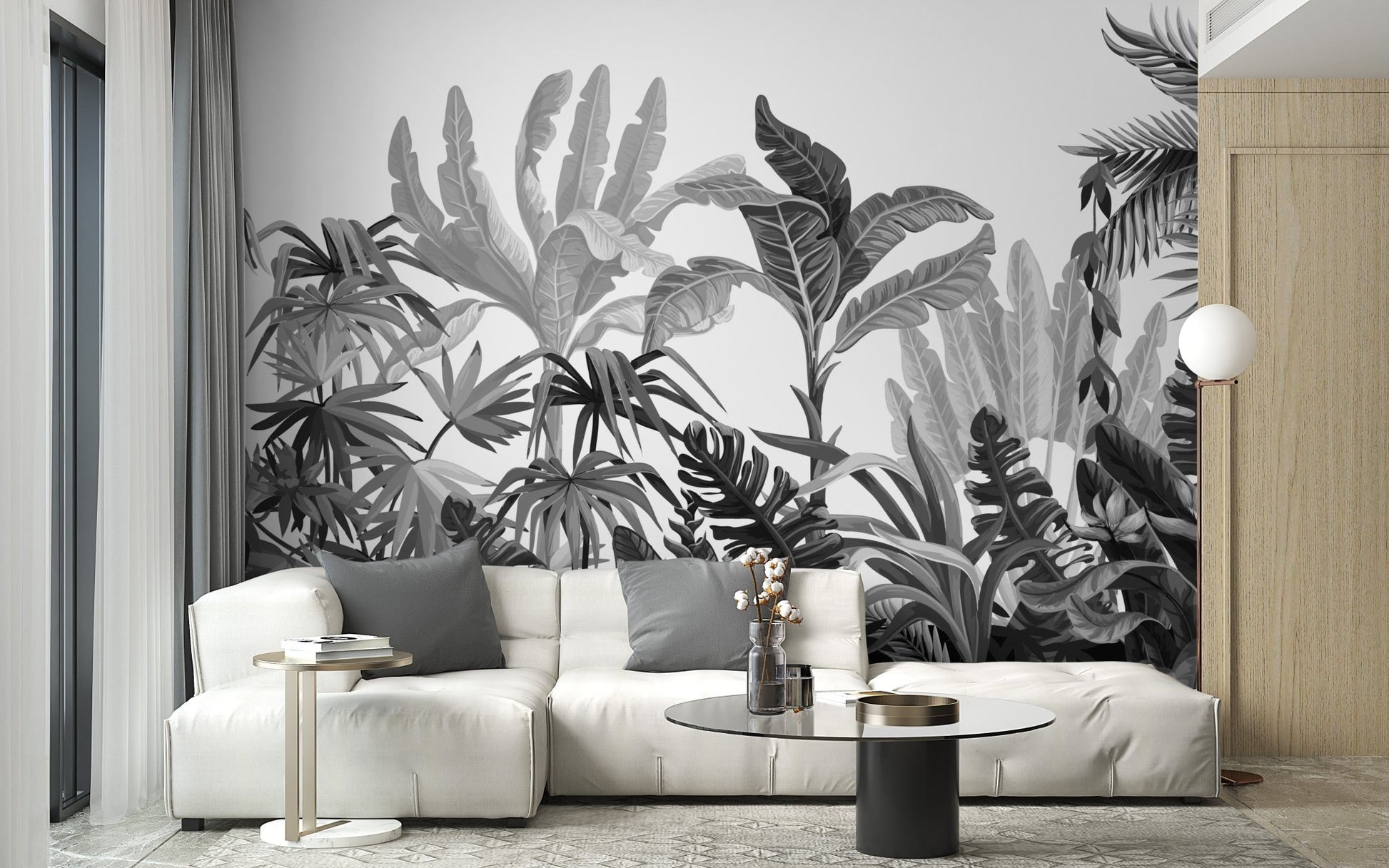 Black & White Tropical Banana Leaves Wallpaper Mural - Giffywalls A833, A660