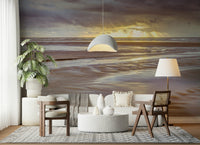 Low tide ripples Blackpool beach Sunset Wall Mural, calming ocean wall decor.
