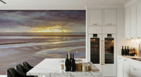 Golden hour glow Blackpool beach Sunset Wall Mural, serene beach peel and stick.