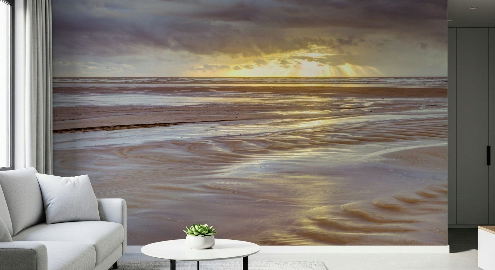Blackpool beach Sunset Wall Mural, dramatic clouds and golden sea wallpaper.