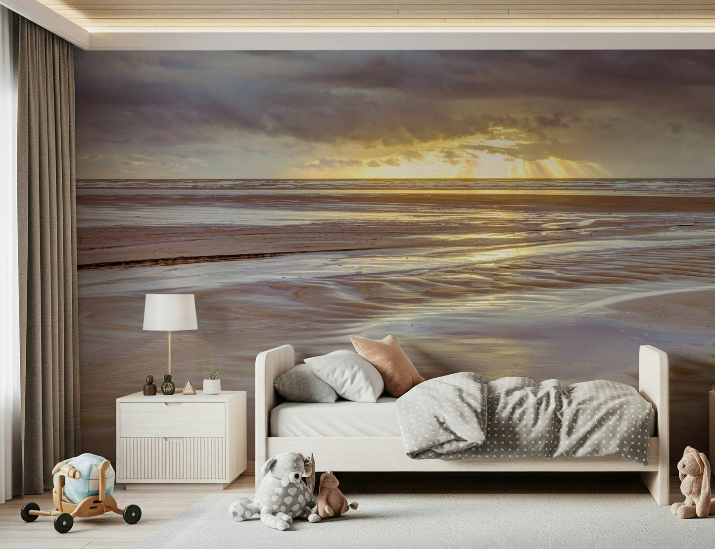 Shimmering water Blackpool beach Sunset Wall Mural, detailed nature wall mural design.