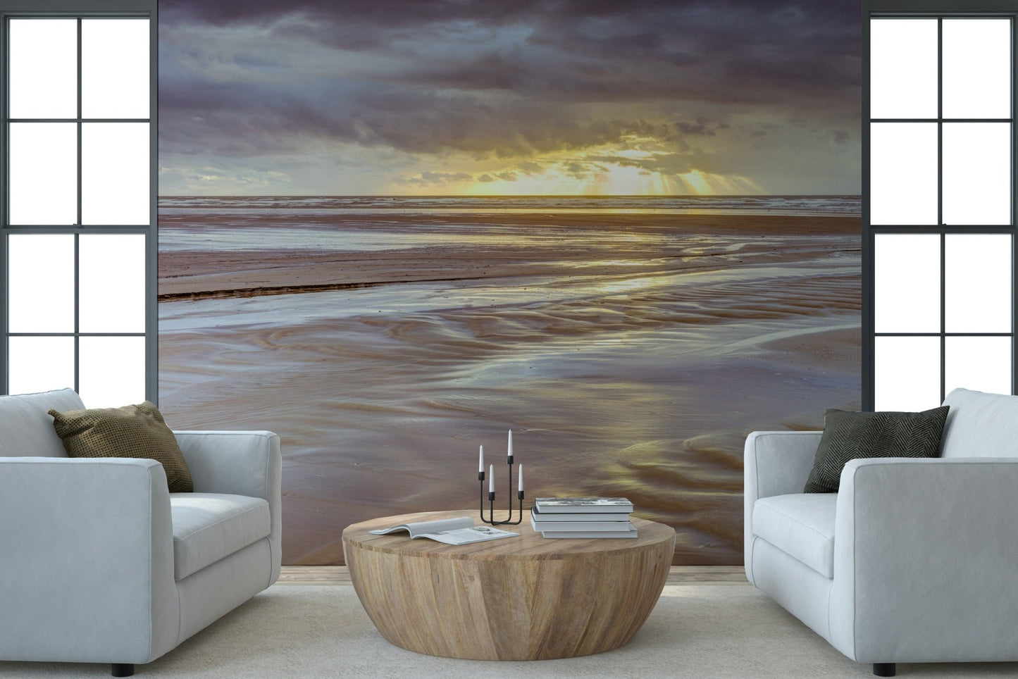 Wet sand patterns Blackpool beach Sunset Wall Mural, scenic seascape wall mural.