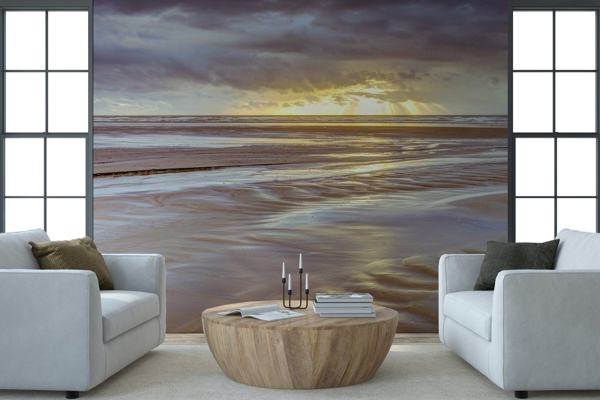 Wet sand patterns Blackpool beach Sunset Wall Mural, scenic seascape wall mural.