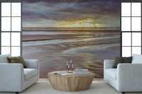 Wet sand patterns Blackpool beach Sunset Wall Mural, scenic seascape wall mural.