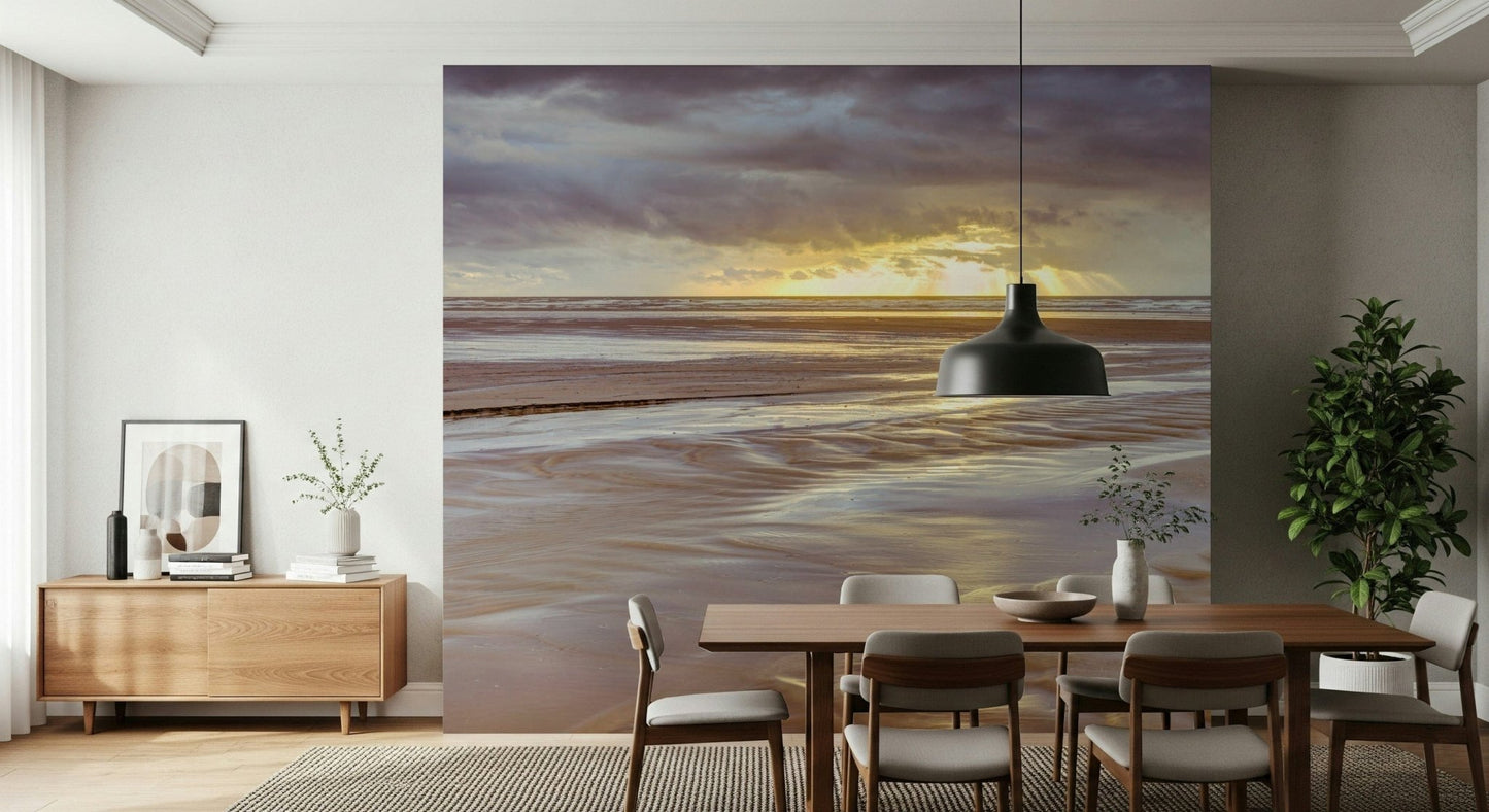 Vibrant light rays Blackpool beach Sunset Wall Mural, stunning coastal wallcovering.