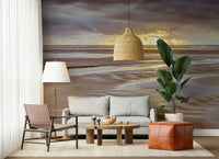 Reflective tidal pools Blackpool beach Sunset Wall Mural, beautiful ocean scene wall art.