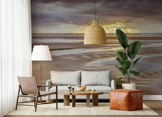 Reflective tidal pools Blackpool beach Sunset Wall Mural, beautiful ocean scene wall art., GD6751