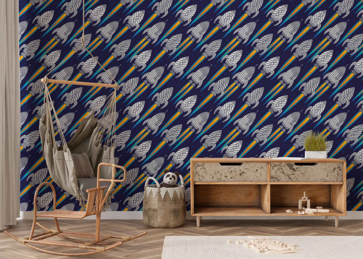 Dark space wallpaper showing Blast Off! Outerspace Rockets in a fun repeat
