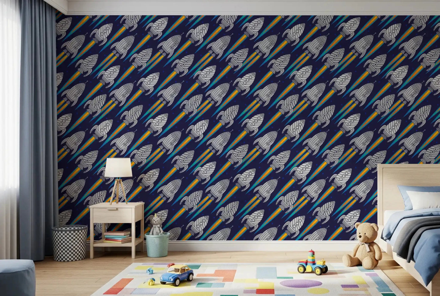 Dark space wallpaper showing Blast Off! Outerspace Rockets in a fun repeat