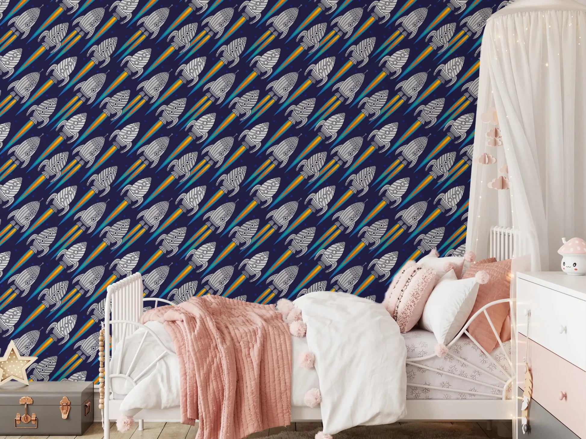 Bedroom styled in Blast Off! Outerspace Rockets wallpaper on a dark navy base