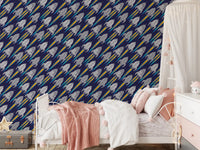 Bedroom styled in Blast Off! Outerspace Rockets wallpaper on a dark navy base